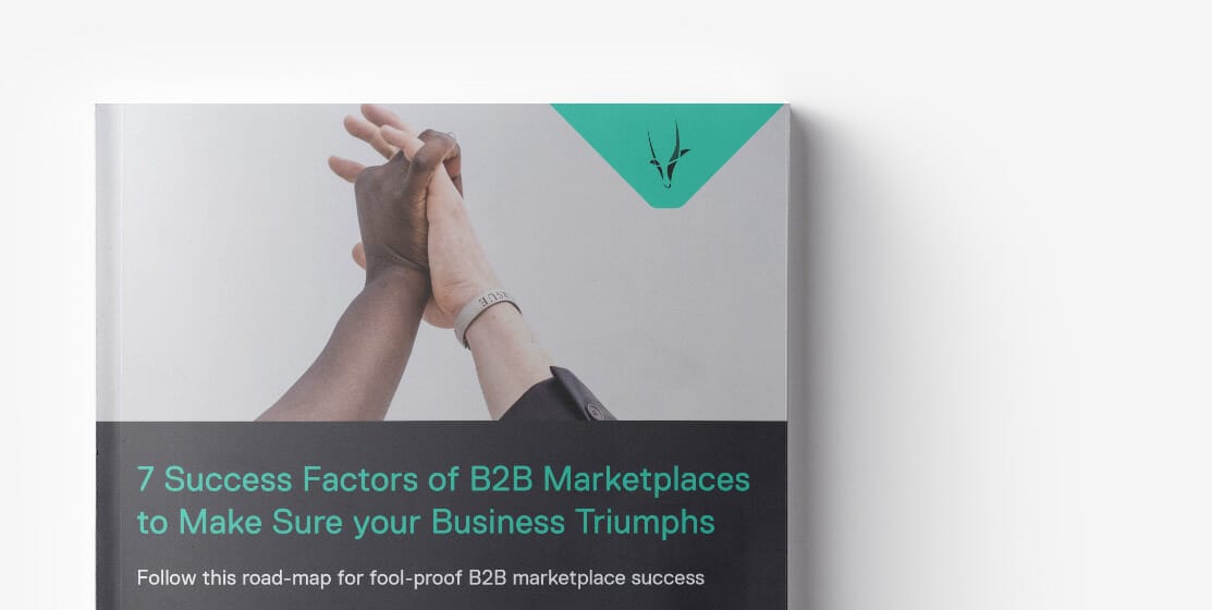 A close-up of two people clasping hands. The text on the image reads, "7 B2B Marketplace Tips to Make Sure Your Business Triumphs.