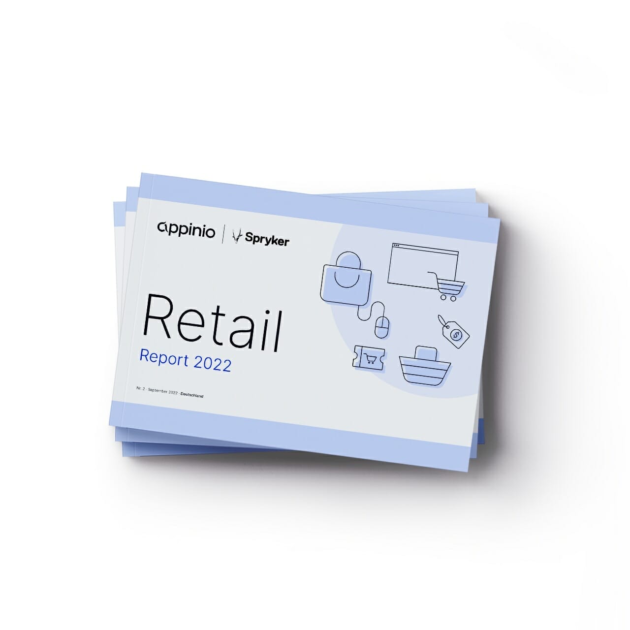 Stack of Appinio Retail Reports titled "Retail Report 2022" in collaboration with Spryker, featuring illustrations of retail-related items on the cover.