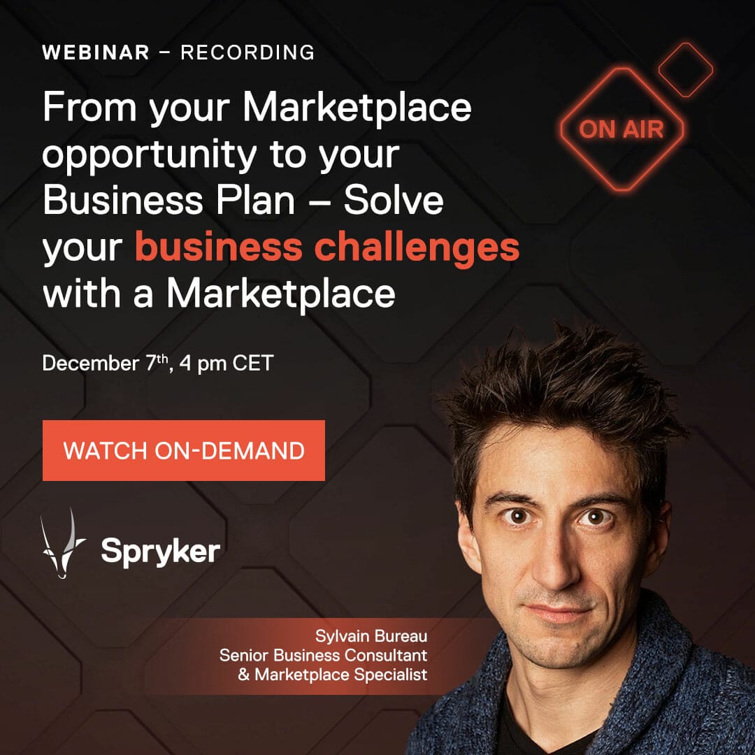 Promotional image for an on-demand webinar recording featuring Sylvain Bureau from Spryker, addressing business challenges with a marketplace. Tune in onair on December 7th at 4 pm CET.