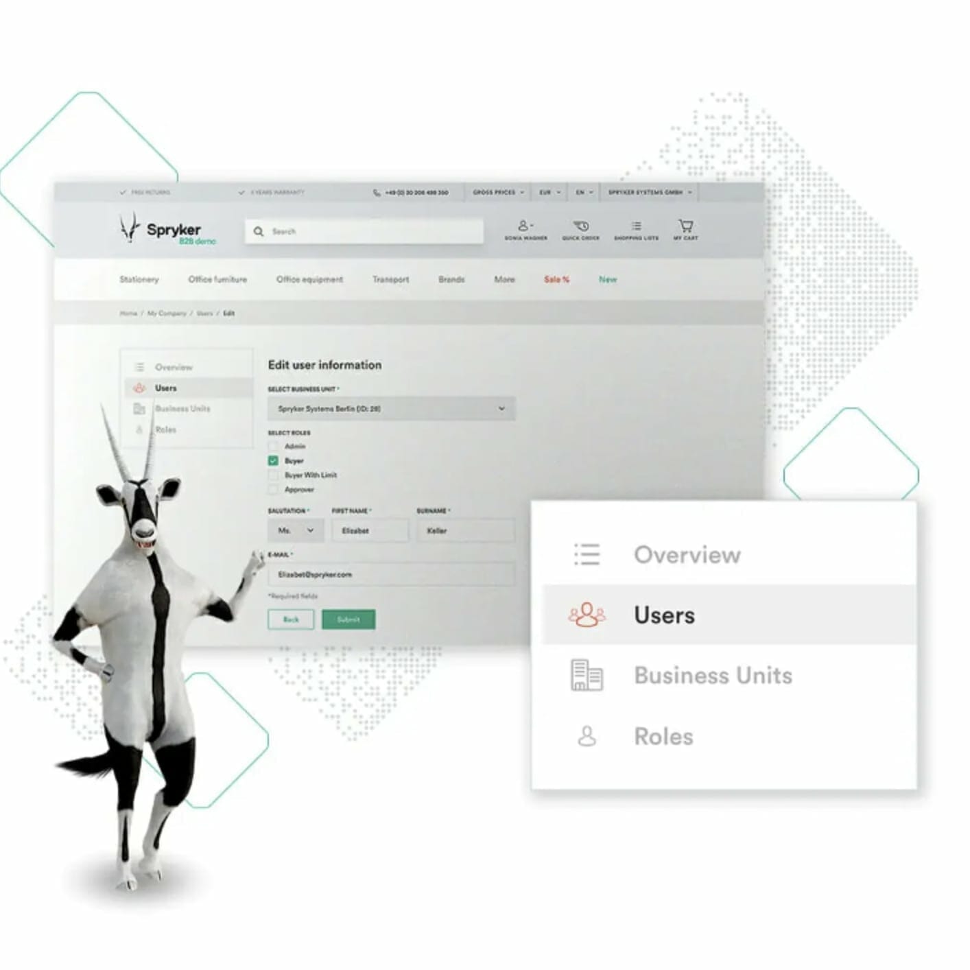 A digital interface with a sidebar menu shows user information in an editing panel. A standing animal character is positioned in front of the interface, highlighting commerce solutions for automotive needs.