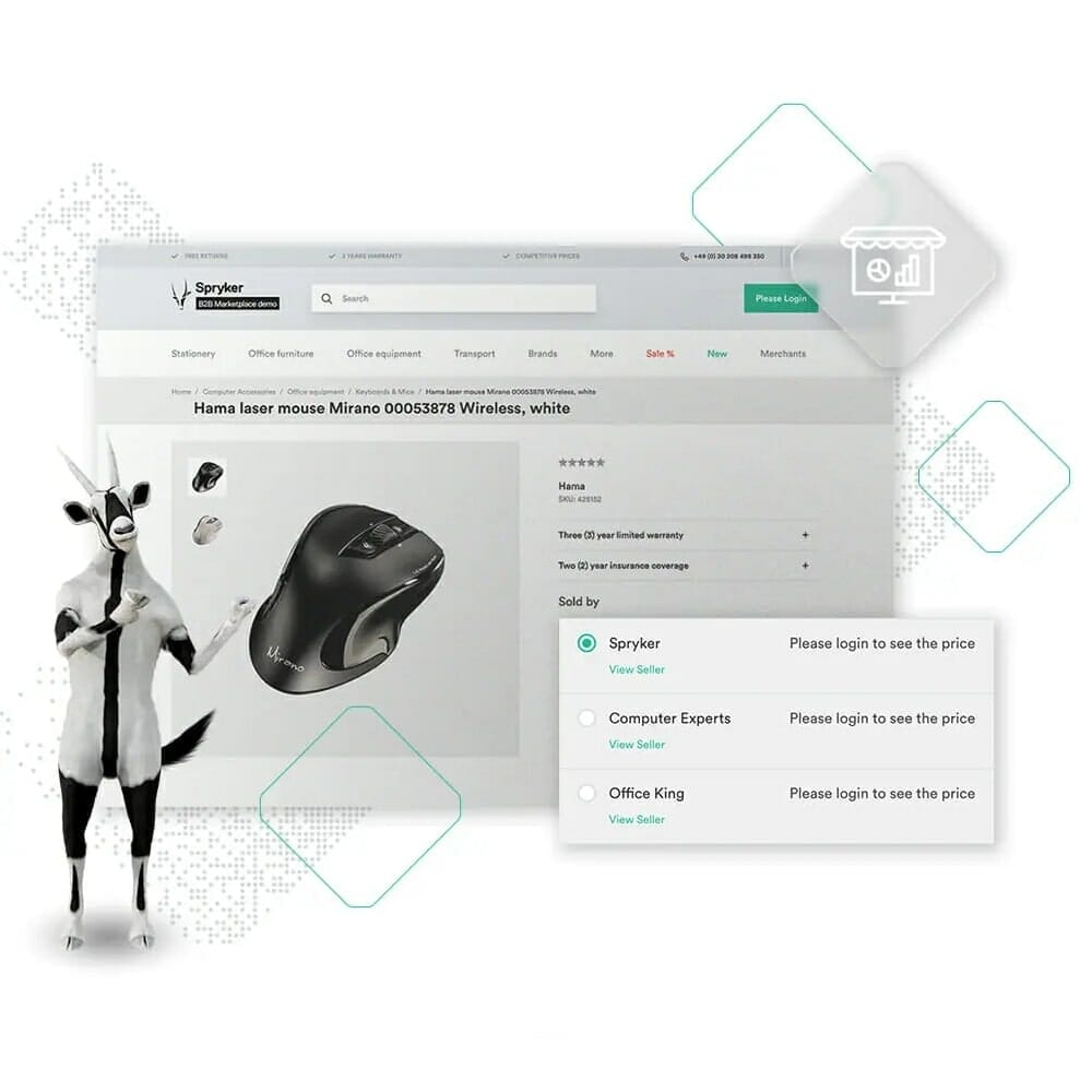 A user interface showcasing the product page of a wireless mouse with login prompts for price information, accompanied by a cartoon animal character on the left, seamlessly integrating commerce solutions for automotive enthusiasts.