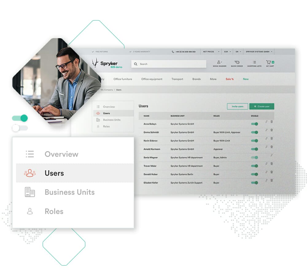 A man smiles at a laptop displaying a buy-side marketplace interface for managing users, business units, and roles. The screen features a left sidebar for navigation and a main panel listing users and their roles.