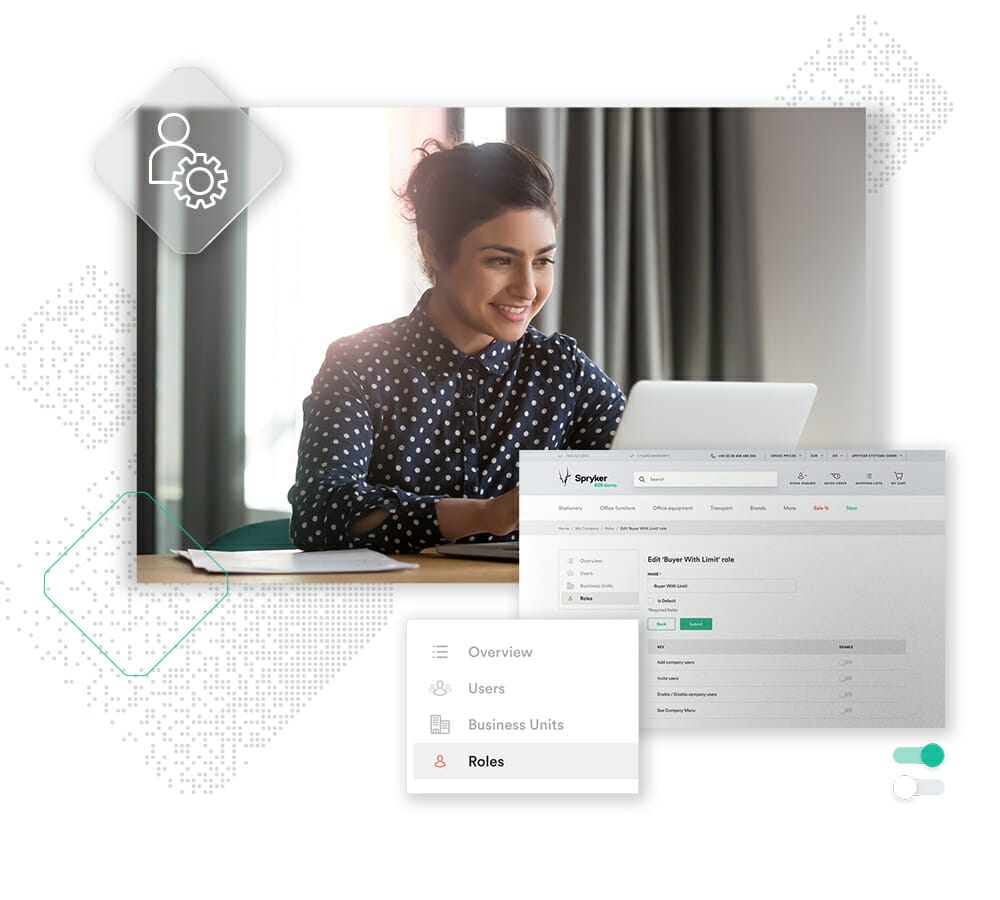 A person in a polka-dot shirt works on a laptop, accessing a software interface with sections for Overview, Users, Business Units, and Roles. The platform appears to be tailored for managing operations within a buy-side marketplace.