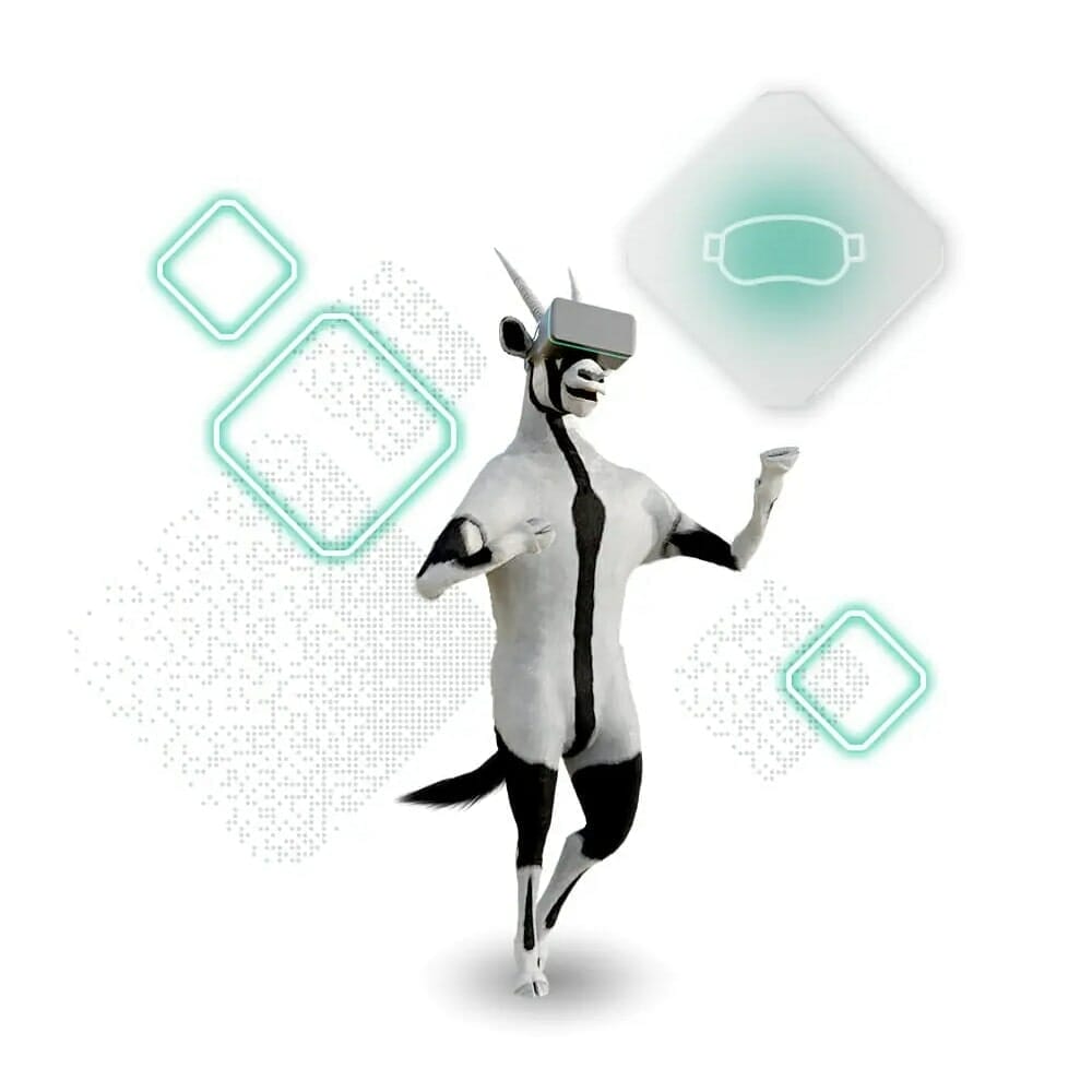A bipedal, cow-like character wearing a virtual reality headset, with geometric shapes floating around it, embodies modern commerce solutions for automotive industries.