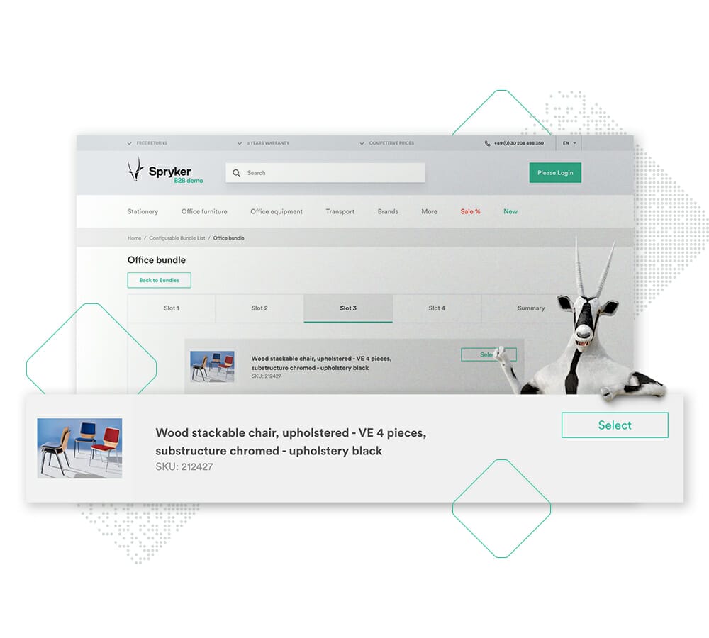 Website interface displaying office furniture with a search bar and menu options. Highlighted is a listing for a wood stackable chair (SKU: 212247), available for selection. Stay competitive with visual commerce by exploring our detailed product visuals that enhance your buying experience.