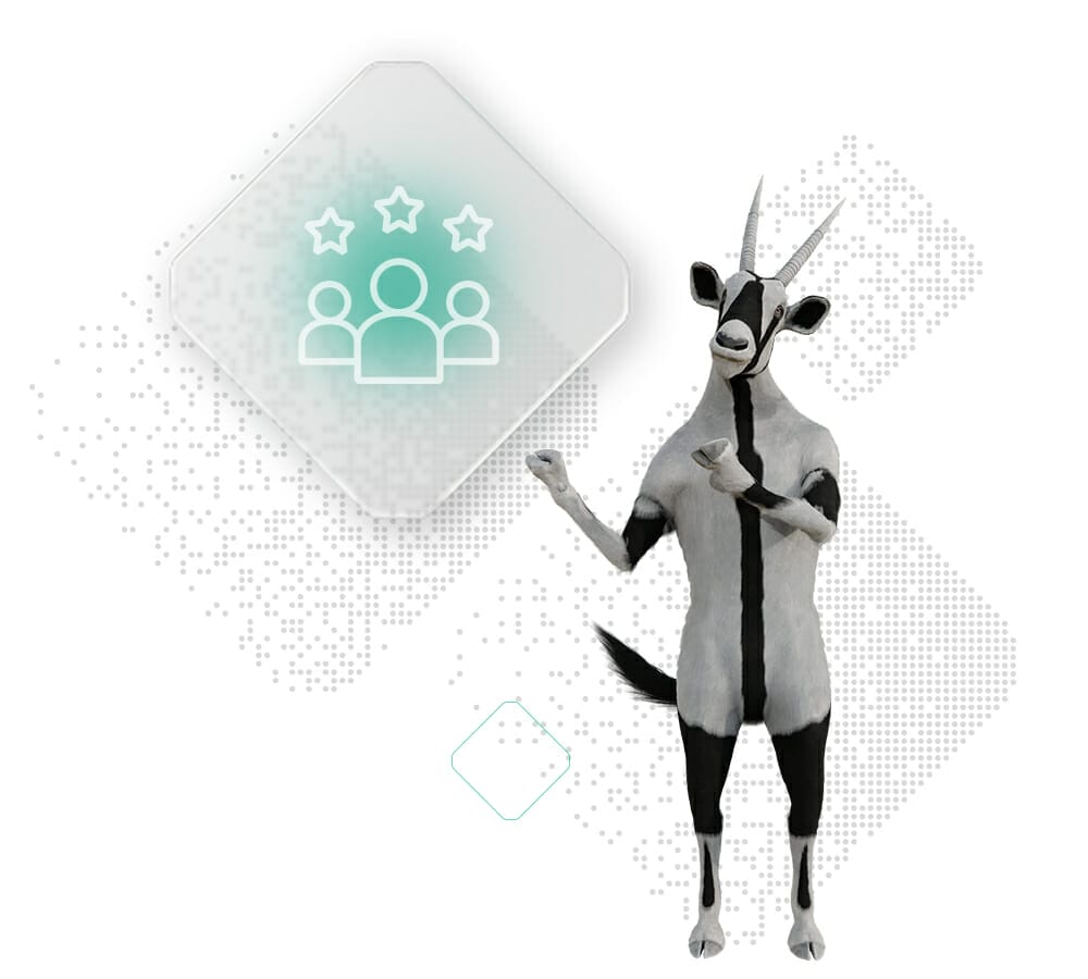A black and white cartoon goat standing on hind legs, gesturing with hooves, next to an icon of people and stars on a translucent background, symbolizing digital transformation.