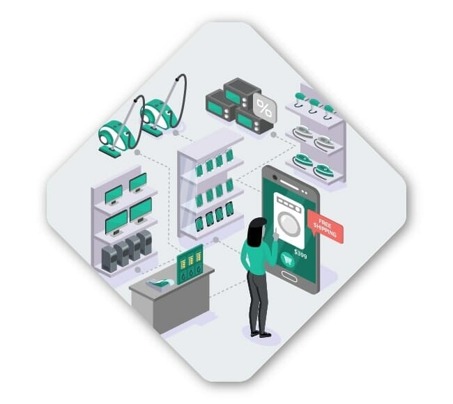 A person stands in a tech store with devices like drones, headsets, and phones. They interact with a large smartphone display featuring a shopping app showing a $399 item with free shipping, all displayed using the latest modular architecture for seamless user experience.