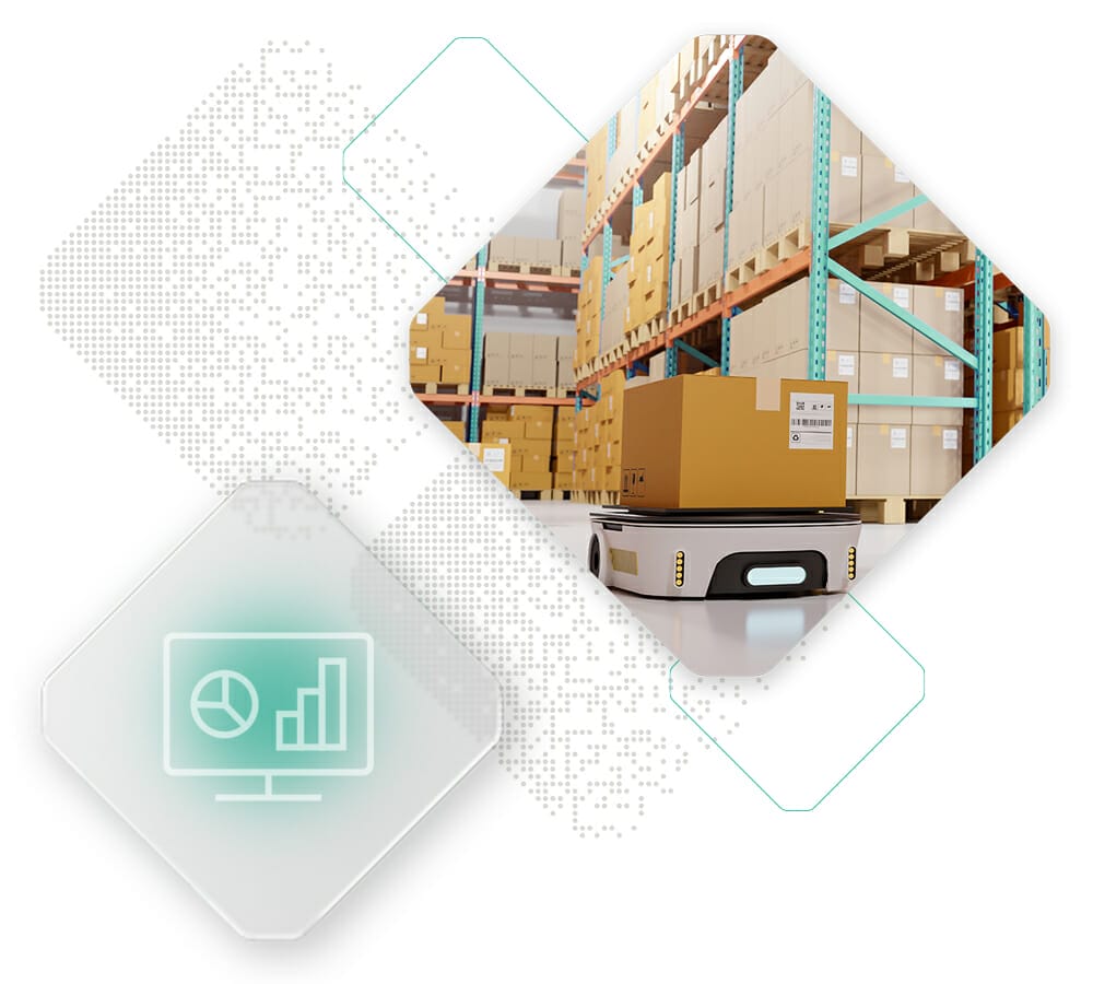 An automated guided vehicle transports a box in a warehouse with shelves filled with various packages. Overlaid, a digital icon of a computer screen displays an IoT graph, highlighting the seamless integration of technology in modern commerce.