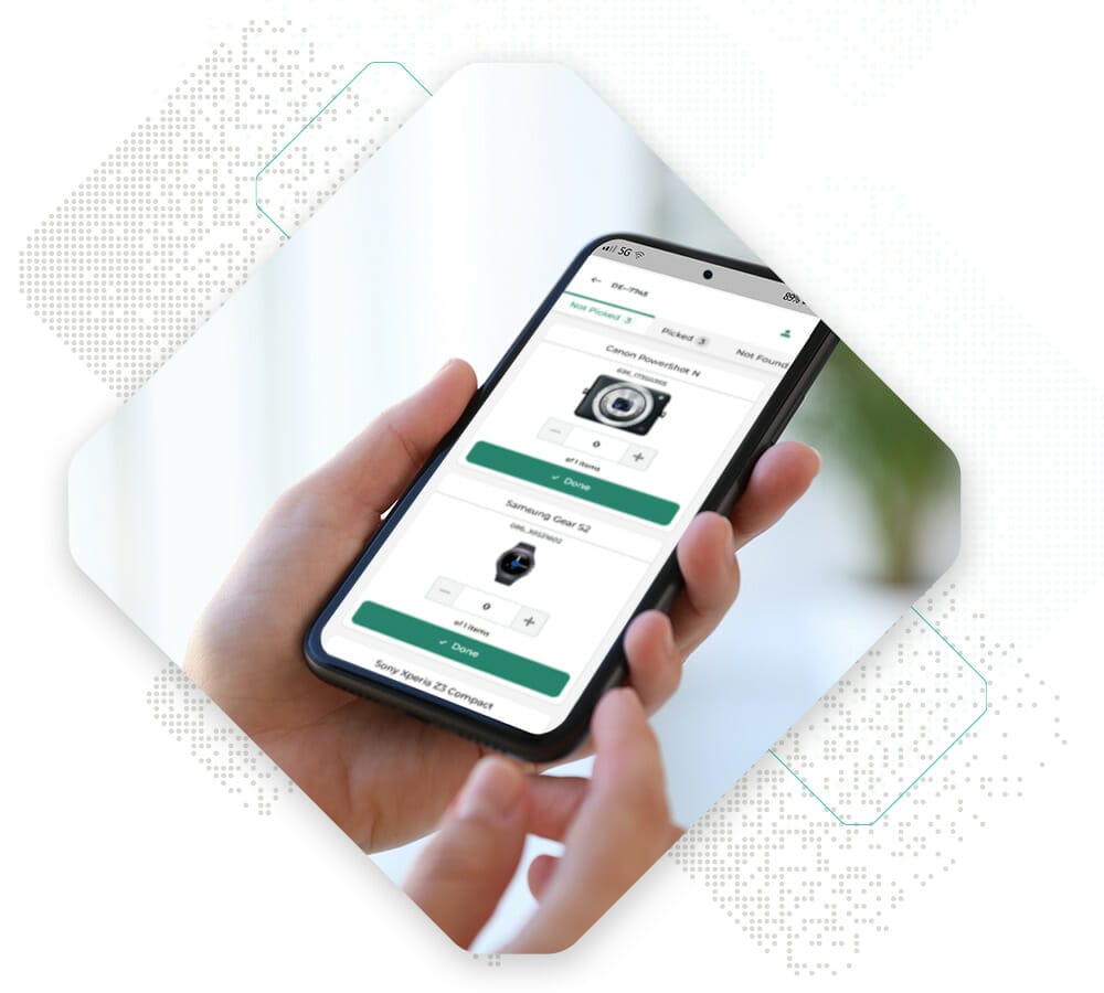 A person holds a smartphone displaying an online IoT commerce page for tech gadgets, featuring options for a camera and a smartwatch.