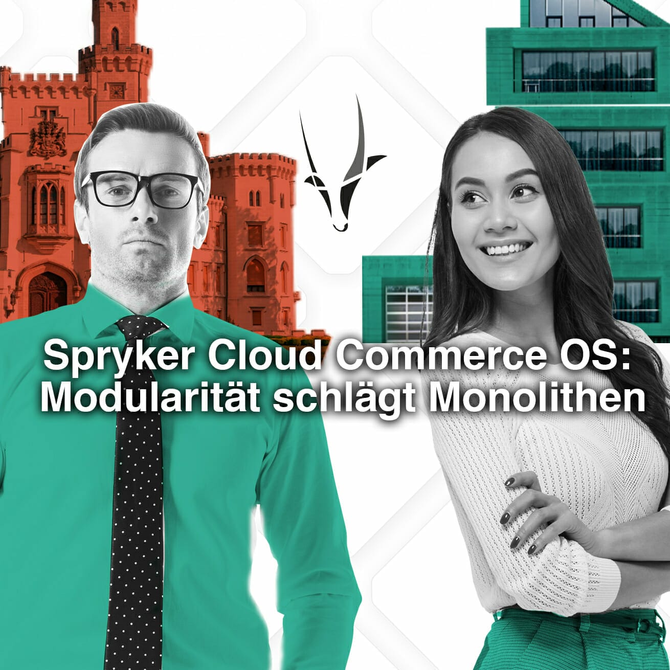 A man and a woman facing forward with buildings in the background. Text reads "Spryker Cloud Commerce OS: Modularität schlägt Monolithen," highlighting its emerging success after a significant Finanzierungsrunde.