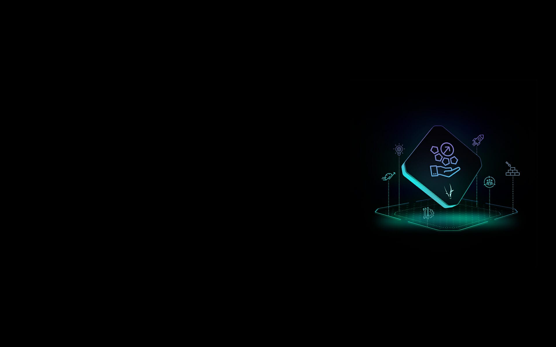 A digital illustration depicts a hand icon cradling a group of hexagons, symbolizing Composable Value Services, surrounded by futuristic symbols against a black background.