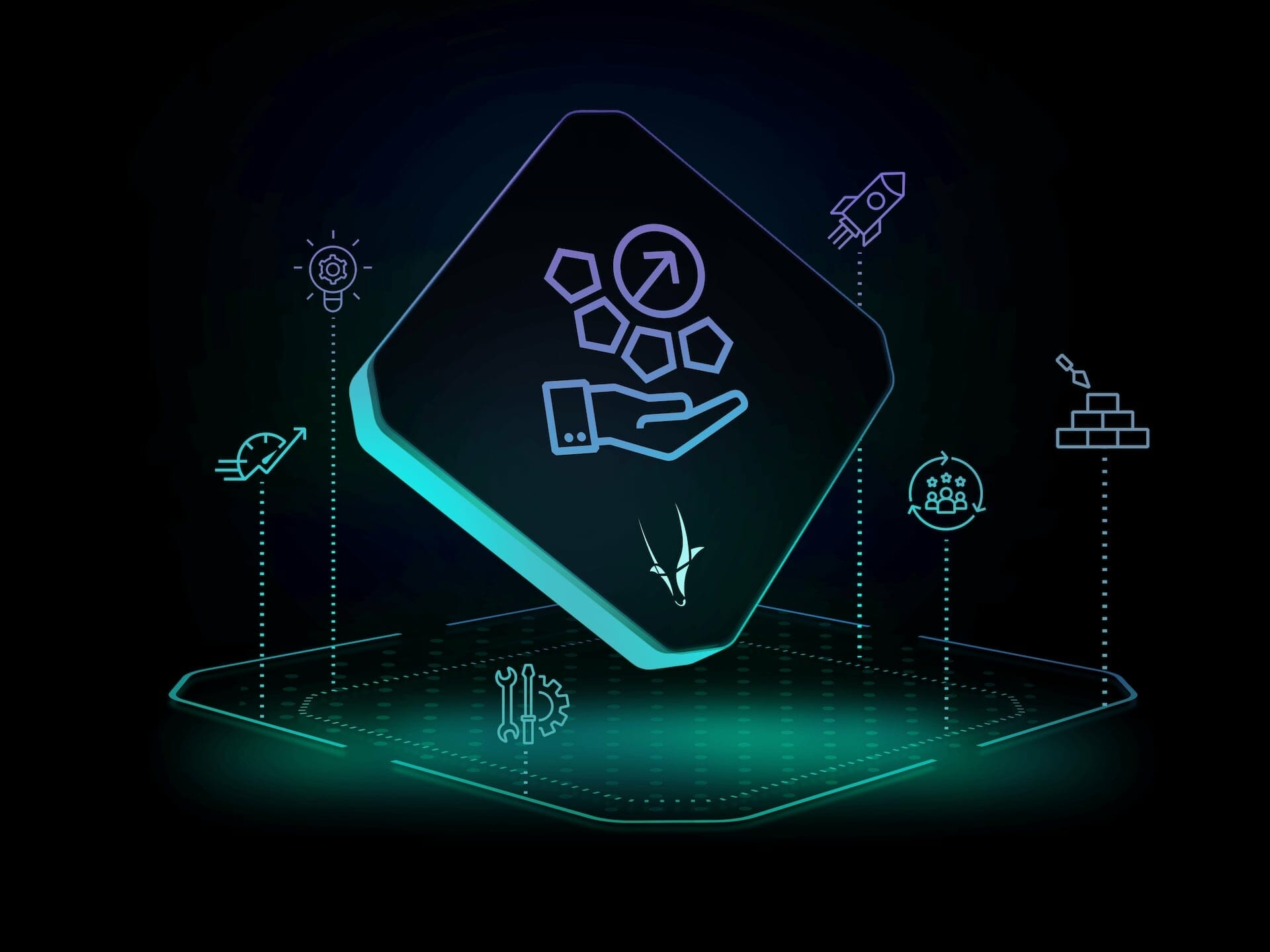 A glowing diagram depicts a hand holding hexagons and an upward arrow, surrounded by icons such as rockets, a brain, and gears on a dark background, similar to the dynamic visuals often found in press releases.