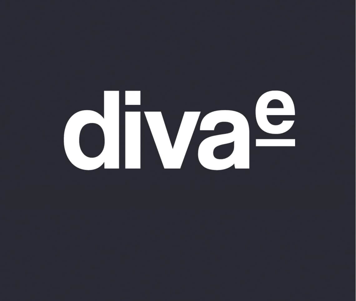 A dark background with the word "diva" written in bold white lowercase letters. A unique lowercase "e" is aligned to the right and slightly above the word "diva," connected by a horizontal line.