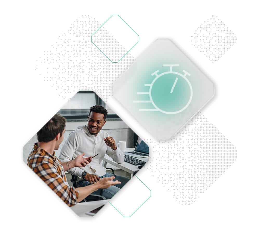 A composite image featuring a stopwatch icon above a photo of two people in conversation. The person on the left, wearing a checkered shirt, gestures with a pen, while the person on the right, in a light-colored hoodie, holds a coffee mug. Digital pattern overlays are present.