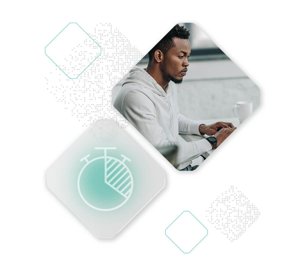 A man wearing a white hoodie is seen working on a laptop in the top diamond-shaped frame. Below, another diamond-shaped frame contains an icon of a stopwatch, partially shaded to indicate elapsed time. Both frames are interconnected with abstract dotted designs.