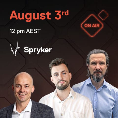 Three men are pictured under text that reads "August 3rd, 12 pm AEST, On Air." The Spryker logo is also displayed. Don't miss it—catch us onair.