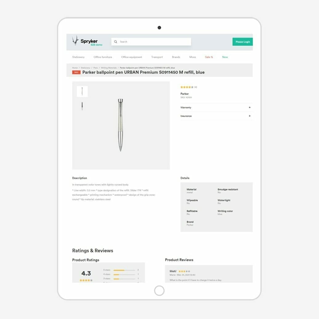 Image of a tablet screen displaying an online product page for a Parker ballpoint pen with an URBAN Premium S0918400 M refill in blue. The page includes ratings, reviews, and detailed information ideal for any packaged business list.