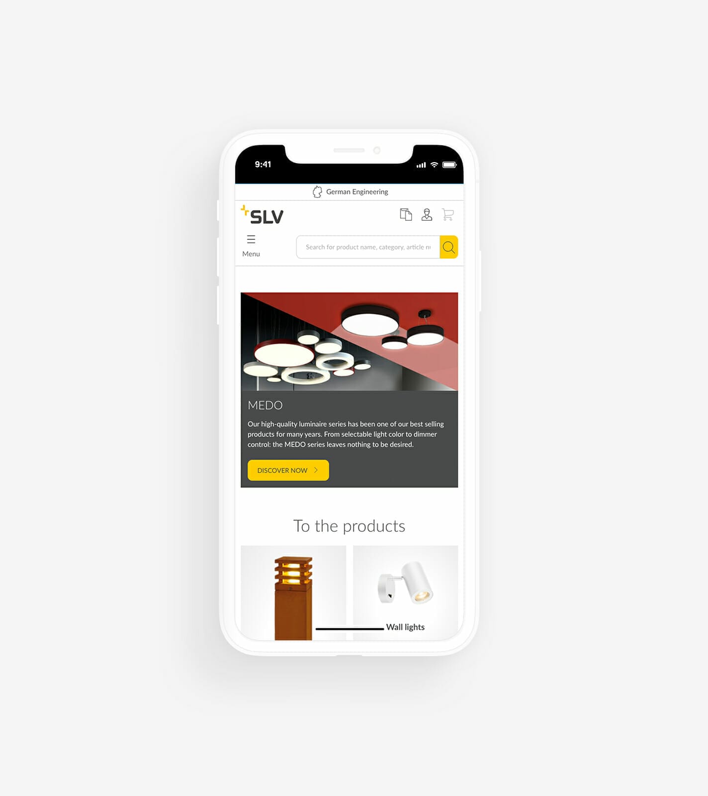 A smartphone displays a website by a digital company, featuring a banner advertising "MEDO" lighting products at the top and a section linking to wall lights at the bottom.