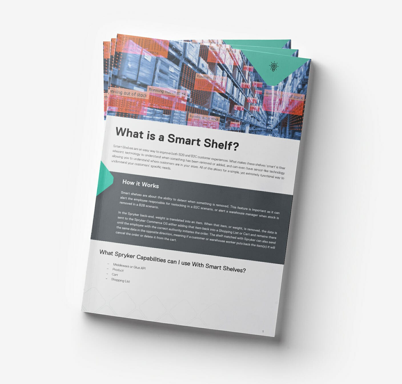 A brochure titled "What is a Smart Shelf?" explaining the concept, functionality, and Spryker capabilities related to smart technology in retail environments, featuring a warehouse background image.
