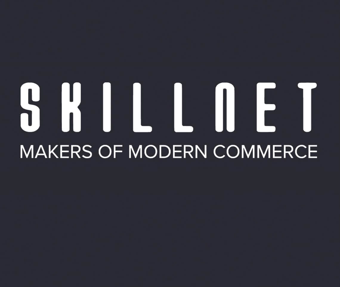 The image is a logo with a dark background and the words "SKILLNET" in large, bold, white letters at the top. Below it, in smaller white font, are the words "MAKERS OF MODERN COMMERCE.