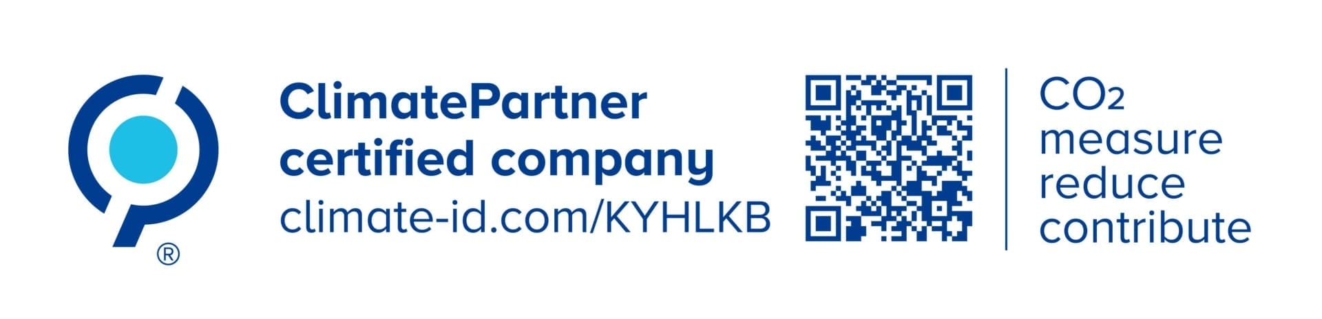 ClimatePartner certified company logo with a QR code and text: "ClimatePartner certified company climate-id.com/KYHLKB. CO2 measure reduce contribute towards sustainability.
