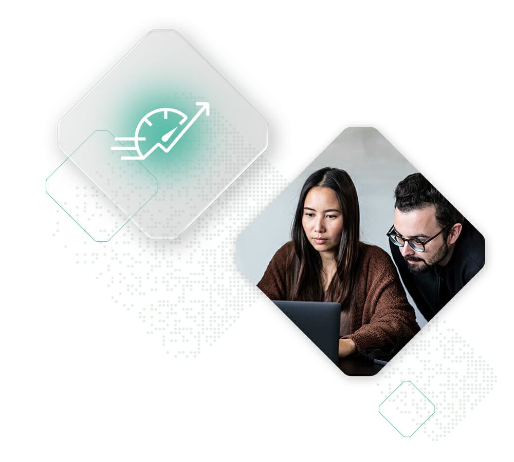 Two individuals working on a laptop, utilizing the Spryker tech stack, are accompanied by an icon of a speedometer with an upward arrow, symbolizing progress or acceleration. Geometric shapes are scattered around the image.