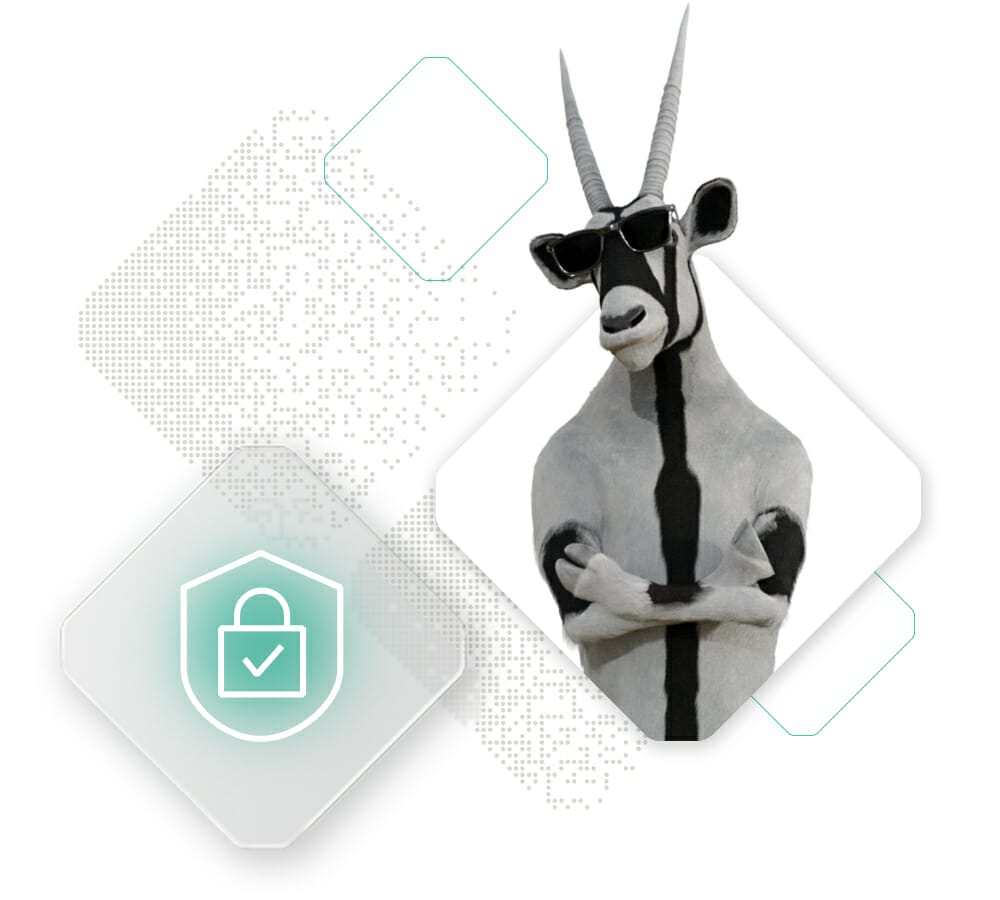 An anthropomorphic oryx with arms crossed and wearing sunglasses, accompanied by a shield icon with a check mark against a dotted and geometric background, symbolizes the robust security of the Spryker tech stack.