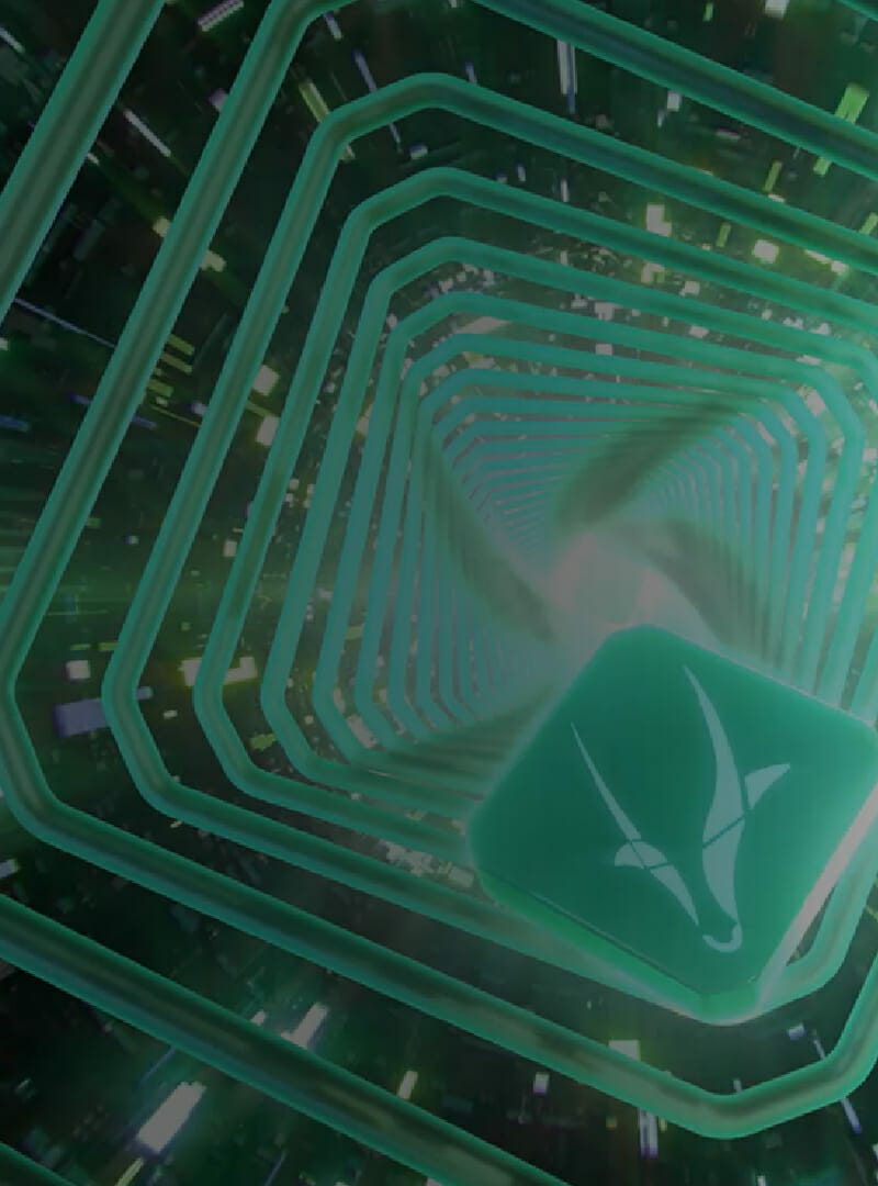 A green hexagonal tunnel with digital effects and a cube bearing a white futuristic symbol in the center, reminiscent of the cutting-edge design showcased at Spryker EXCITE 2021.