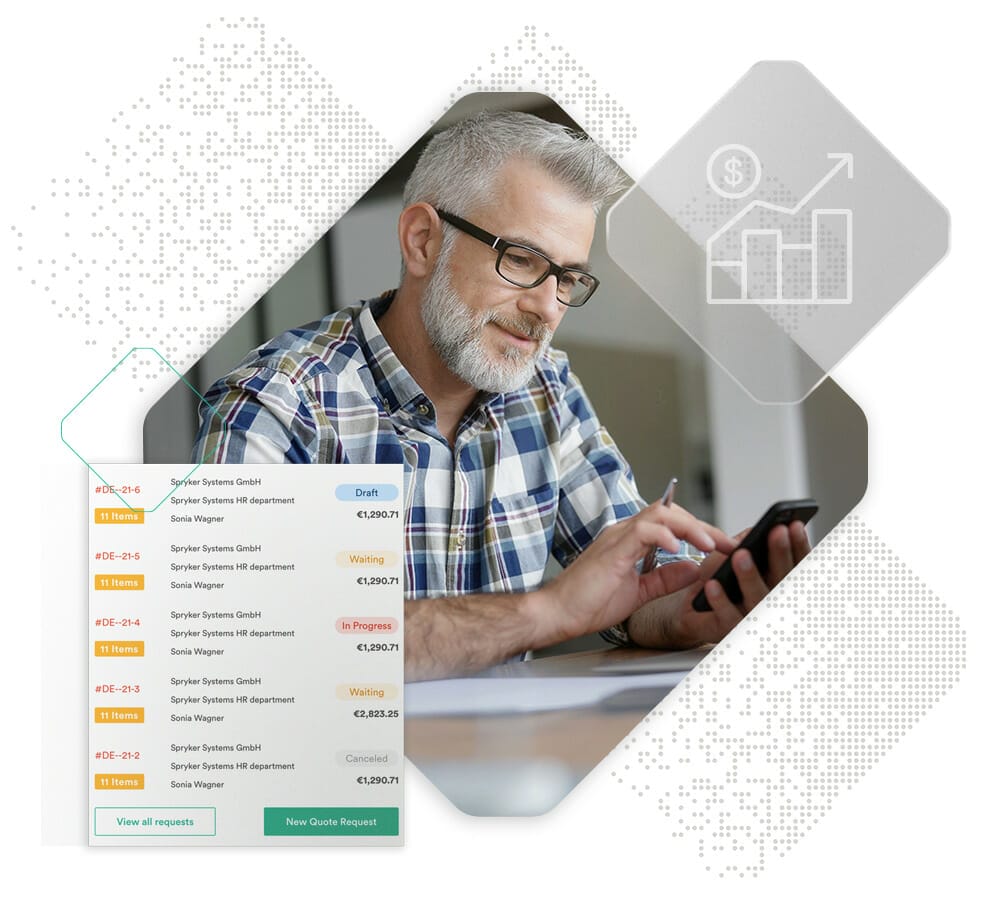 A man with glasses and a plaid shirt is using a smartphone. Beside him is a screen displaying financial data and a growth chart, illustrating the Self-Service Request for Quote tool. He appears focused and engaged.