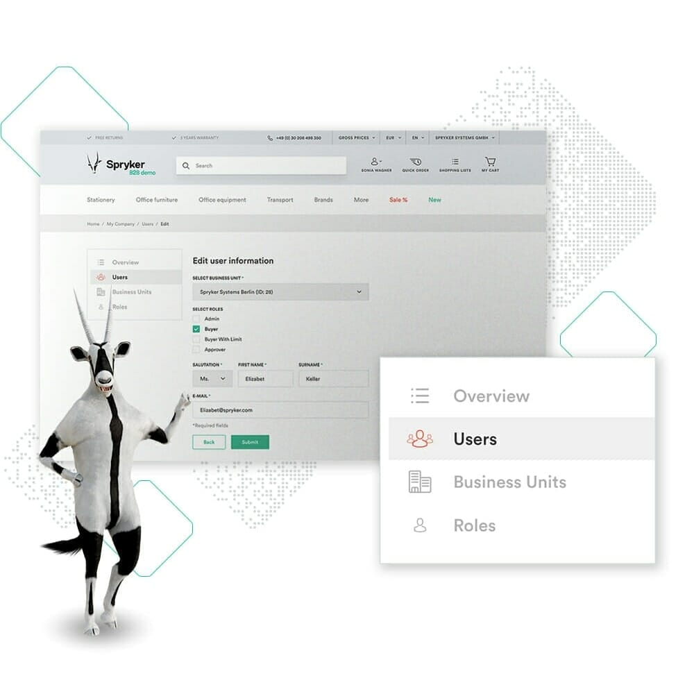 A digital user interface with options for managing users, business units, and roles is displayed beside a standing goat mascot, symbolizing the efficiency of CPG commerce solutions.