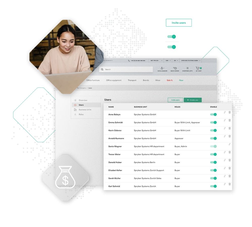 A person working on a laptop, shown above a screen displaying user role management for an online platform. The interface features user names, roles, and toggle options for enabling or disabling access within the new Marketplace Extension.