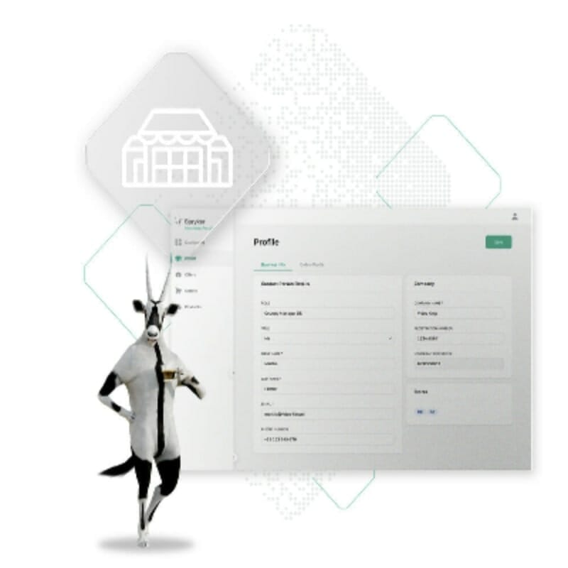Illustration of a gazelle character standing next to a digital profile form on a screen, with industrial goods icons and design elements in the background.