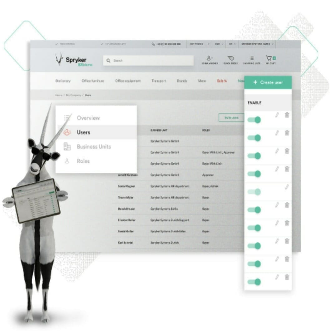 A digital interface displaying a user management dashboard with options for creating and enabling new users. A mascot figure holds a tablet in front of the dashboard, giving it an industrial goods aesthetic.