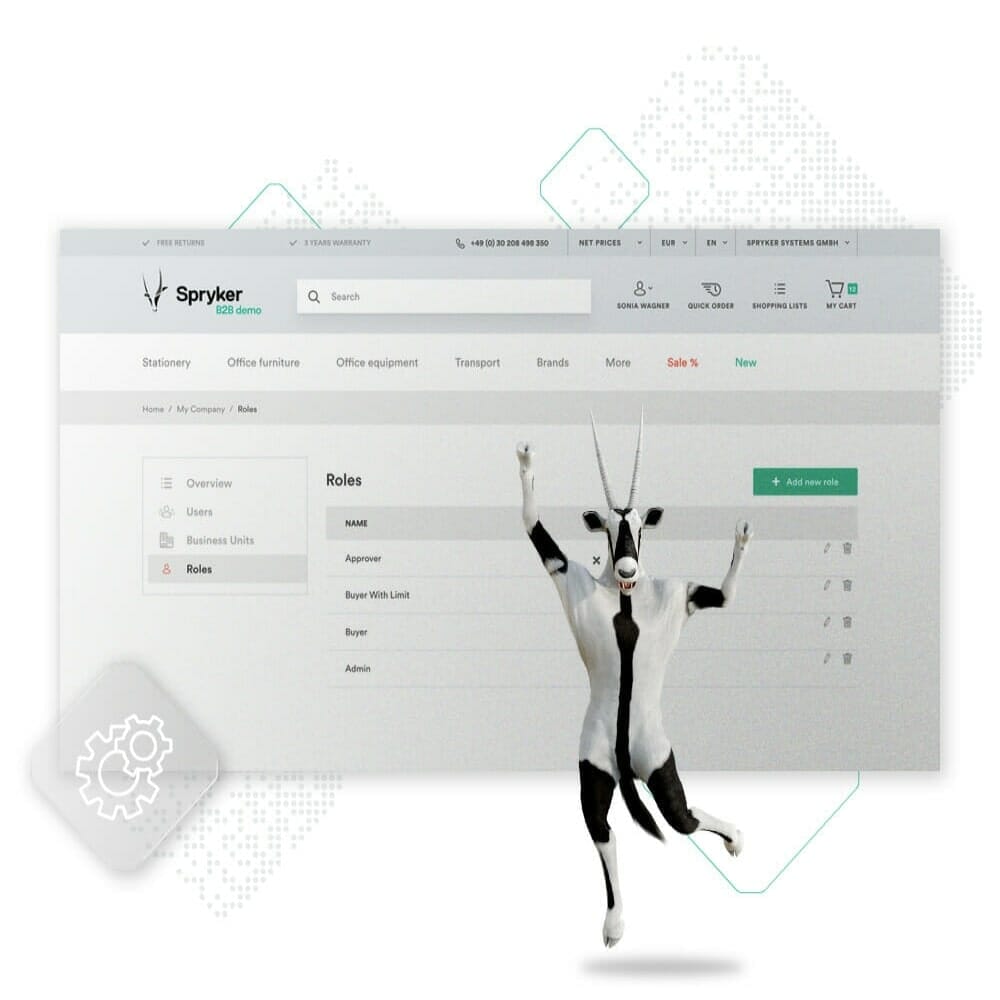 A screenshot of a Spryker interface displaying the "Roles" section under "Business Units" with an animated goat jumping in the foreground, adding a lively touch to the usually subdued world of industrial goods.