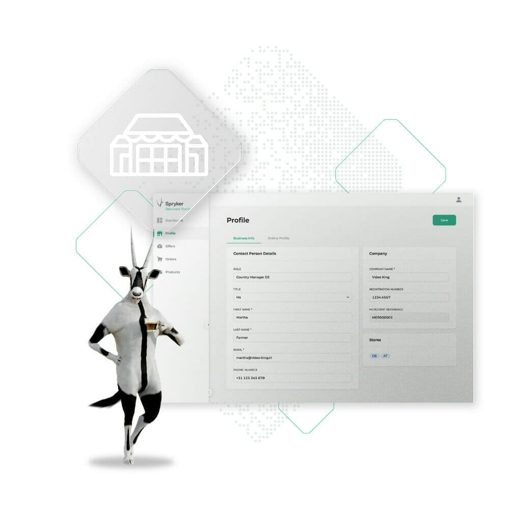 A user profile page on a website is displayed prominently, with a character resembling an anthropomorphic gazelle in a suit standing to the left. A storefront icon is visible in the background, hinting at CPG commerce possibilities.