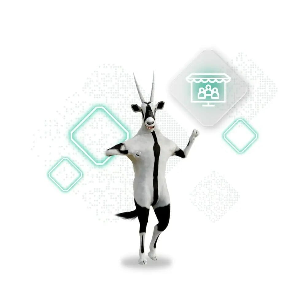 A dancing animal, resembling an antelope or oryx, stands upright with arms raised. Surrounding it are digital icons representing user data and CPG commerce storefronts on a white background.