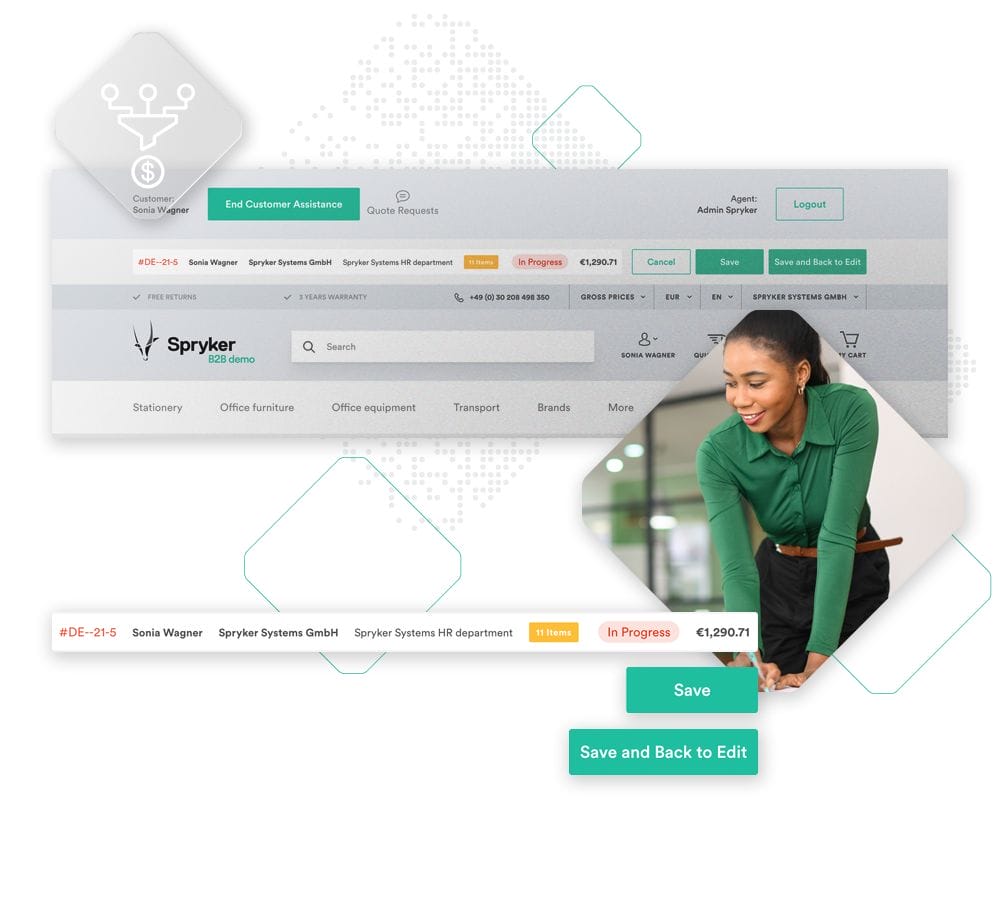 Screenshot of a user interface displaying a customer assistance dashboard, a transaction summary for Sonia Wagner, and a woman leaned over a desk working on a computer focused on cost efficiency through order process automation.