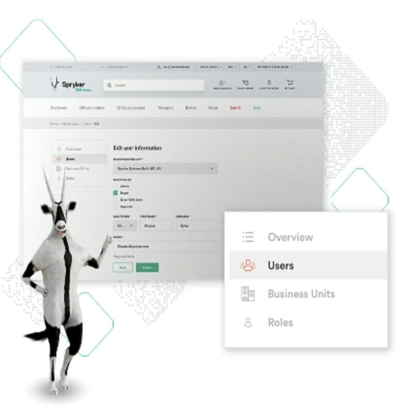 Digital interface depiction featuring a web page for editing user information with a sidebar displaying options: Overview, Users, Business Units, and Roles. An animated character stands to the left, adding a touch of personality to the otherwise utilitarian design often found in industrial goods management systems.
