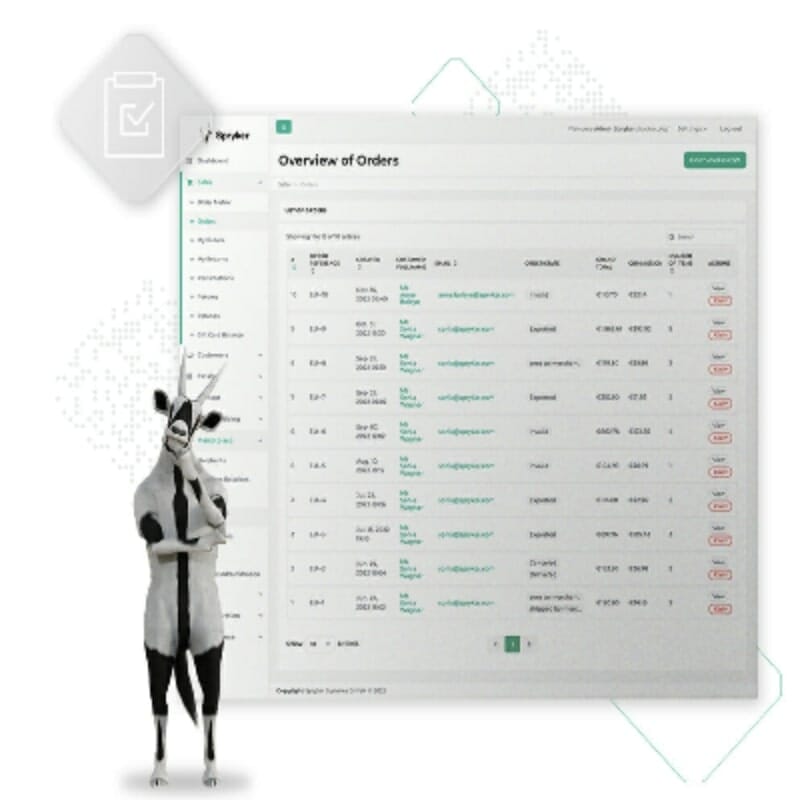 A digital overview of orders is displayed on a screen. The interface shows various columns including order numbers, statuses, and dates. A bovine figure stands to the left of the screen, posed with crossed arms, overseeing the efficient tracking of industrial goods.