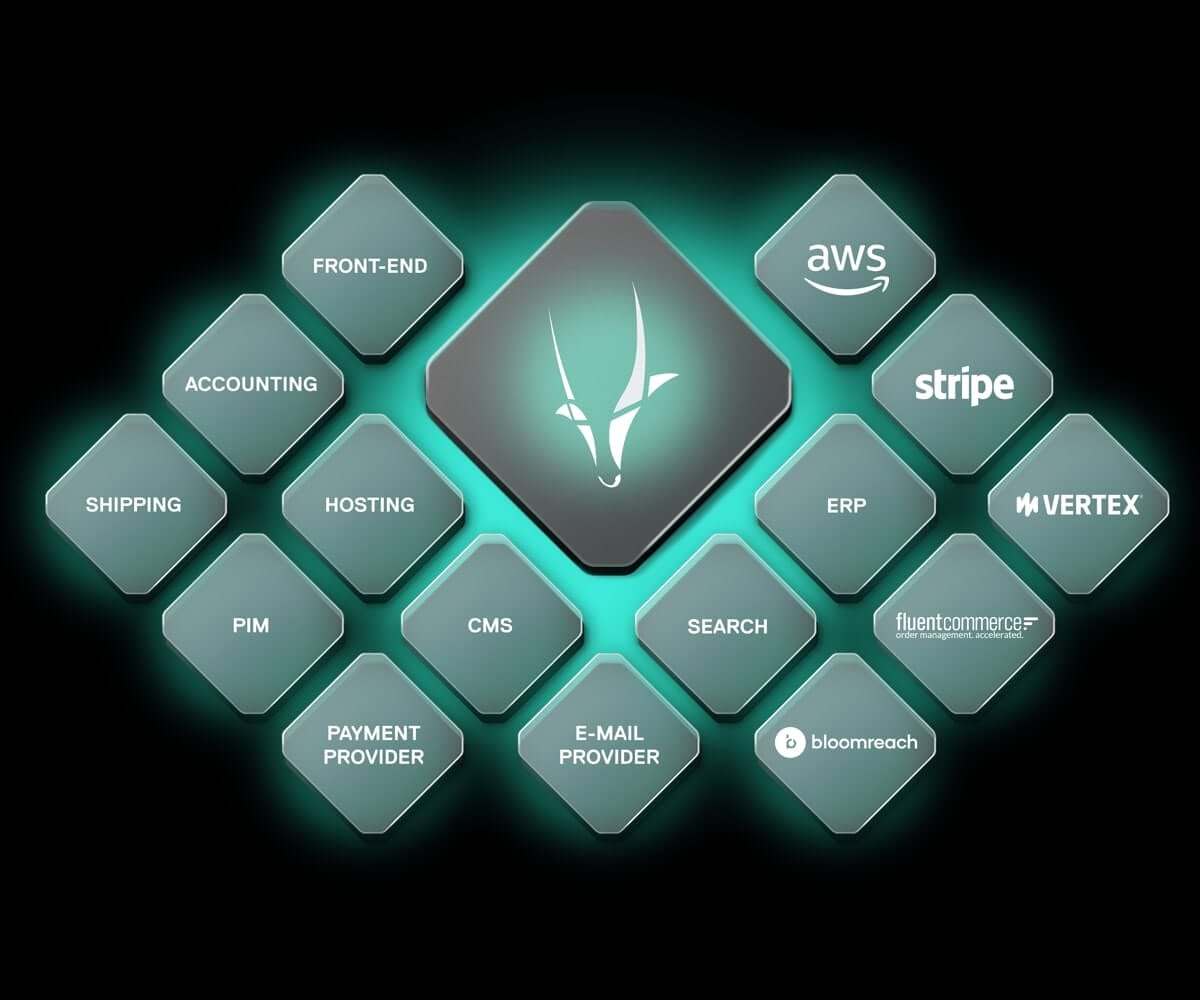 A glowing, futuristic graphic displays various technology terms such as front-end, accounting, shipping, hosting, CMS, payment provider, and more in a grid layout. Central hexagon features an antelope logo with surrounding terms and company logos like AWS, Stripe, and Vertex.