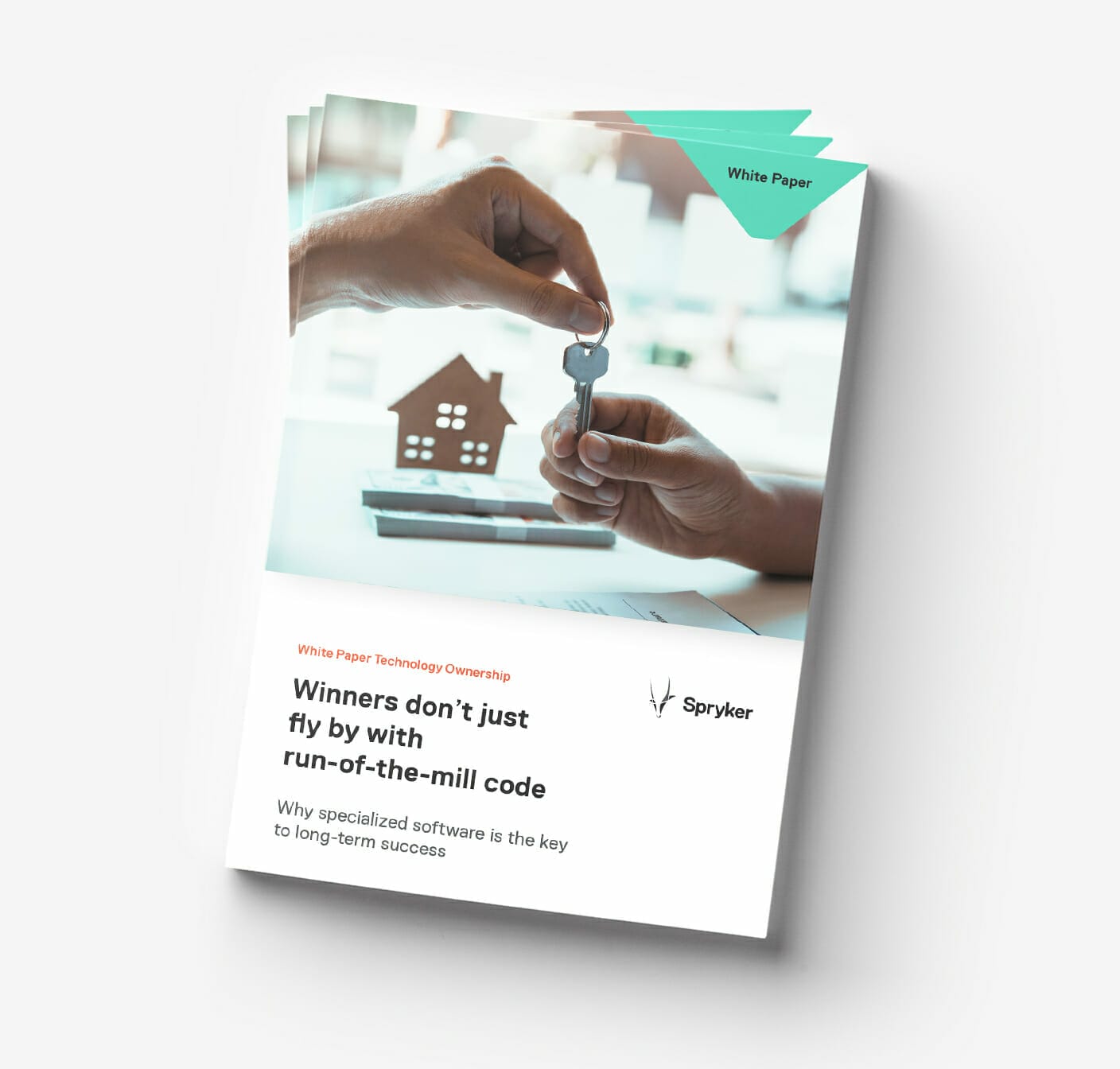 Close-up of a hand passing a key to another hand, with a booklet titled "Winners don't just fly by with run-of-the-mill code" from Spryker, highlighting Conversational Commerce as a winning strategy.