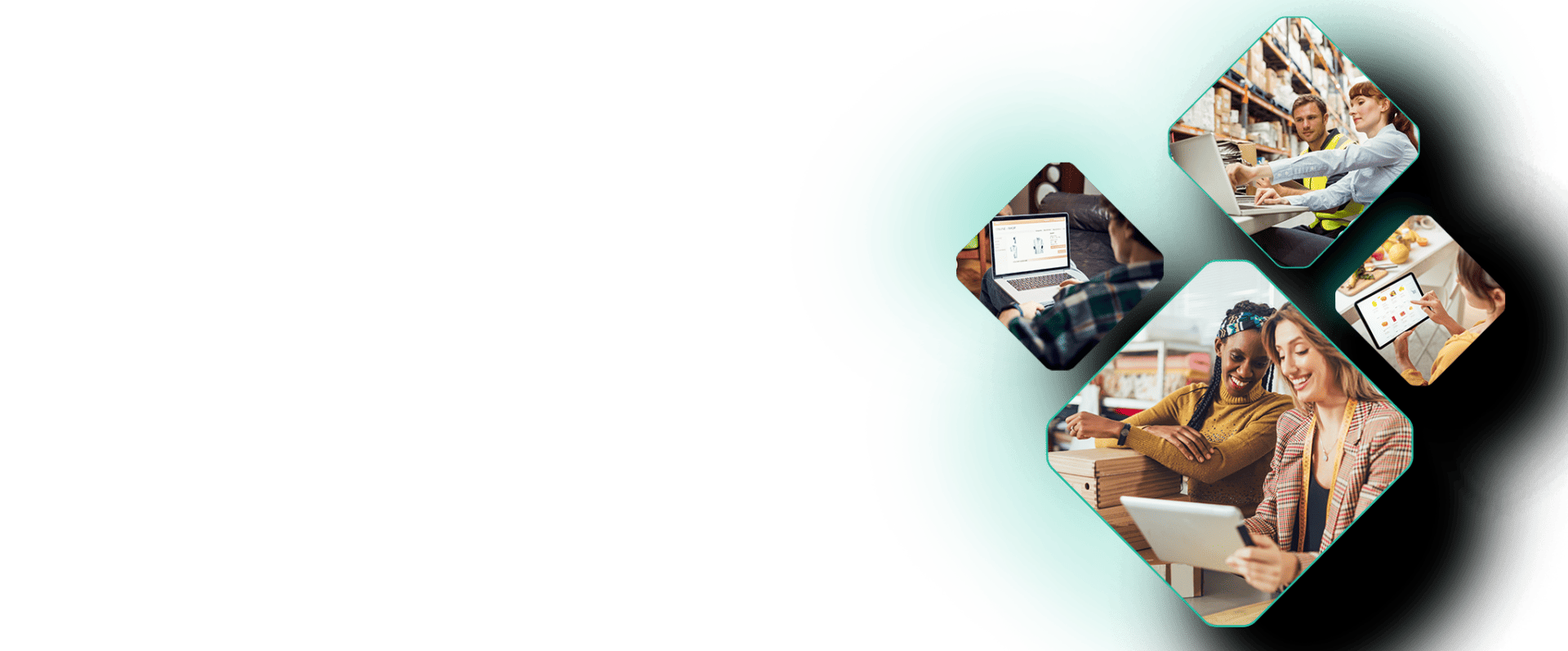 Four diamond-shaped pictures show people working on laptops, collaborating in a library, and pointing at a tablet. The images are over a green background with a blank black space beside them, evoking the dynamic interactions often seen in b2b marketplaces.