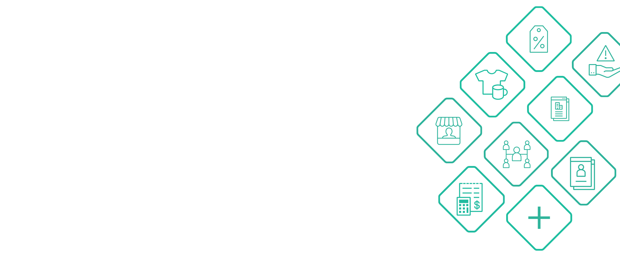 Six green-outlined icons on the right depict a price tag, target, store, hierarchical structure, document, and add symbol on a black background. This visualization encapsulates the dynamic essence of composable commerce. The rest of the image is empty.
