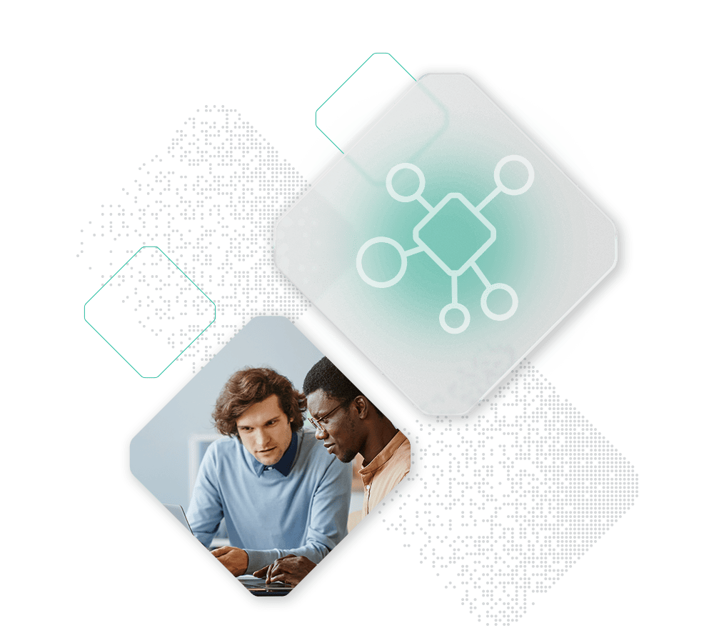 Two people look at a tablet together, surrounded by digital network icons and abstract pixel patterns in a modern, technology-themed design, highlighting the IT benefits of seamless connectivity.