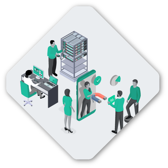 Illustration of people interacting with technology, including a server rack, computers, and a large smartphone, seamlessly integrating elements of a Spryker marketplace.