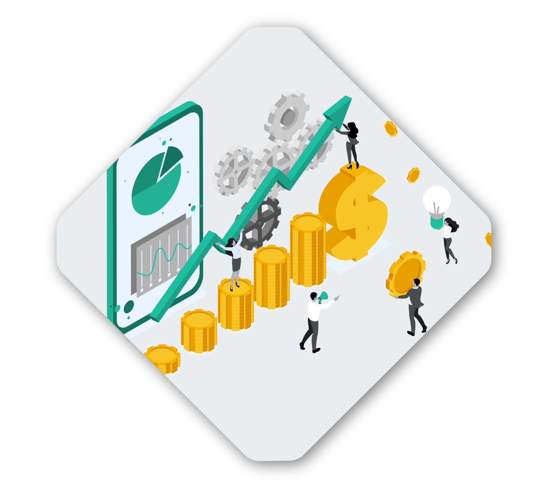Illustration of people interacting with financial symbols, including a smartphone displaying a chart, stacks of coins, gears, a dollar sign, and an upward-pointing arrow—all representing the power of PaaS (Platform-as-a-Service) in modern finance.