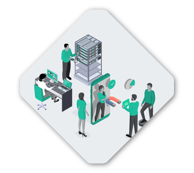 Illustration of IT professionals working with servers, a computer, and interacting with a giant smartphone. One is checking a server rack, another is seated at a computer, and two are collaborating.