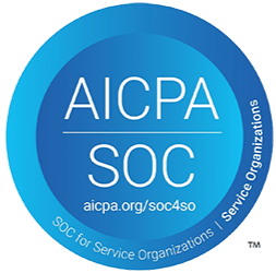 A circular blue logo with text "AICPA SOC" in the center and "SOC for Service Organizations" along the bottom edge, emphasizing Security and Trust. The URL "aicpa.org/soc4so" is below the main text.