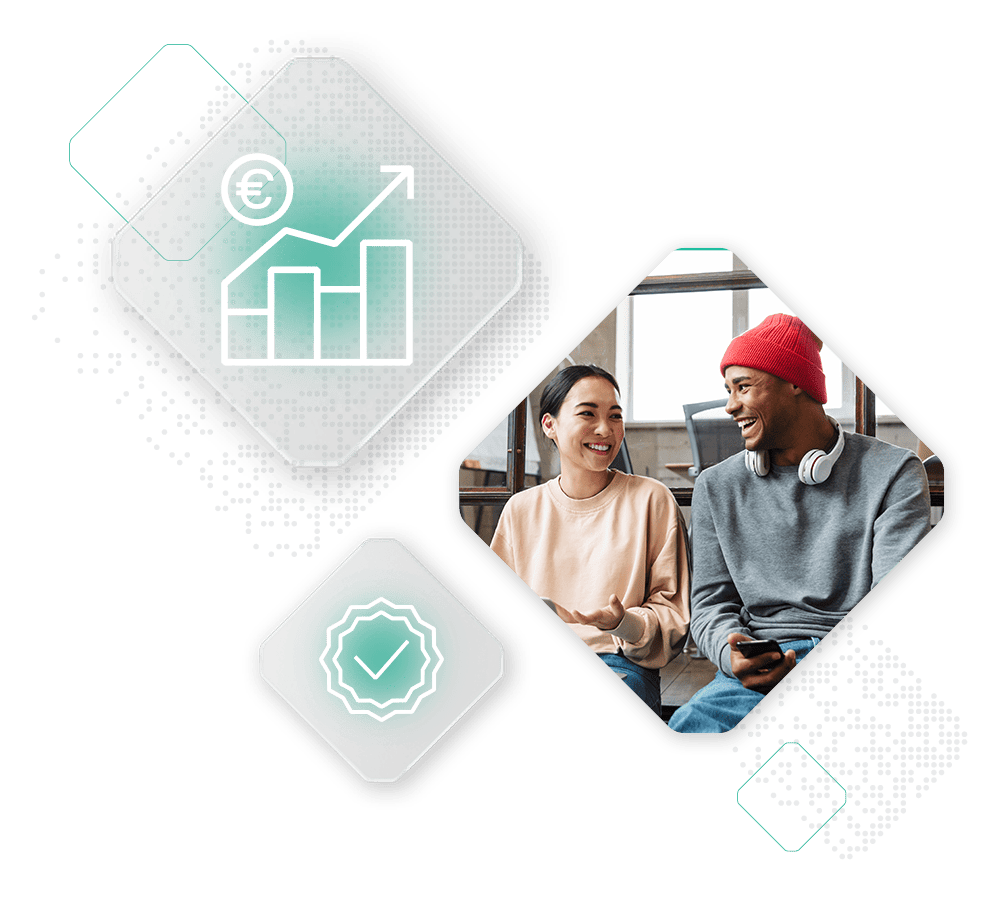 A man and woman engaged in conversation, layered with graphics of a bar chart showing growth and a checkmark in a circle, discussing the advantages of multi-brand selling.