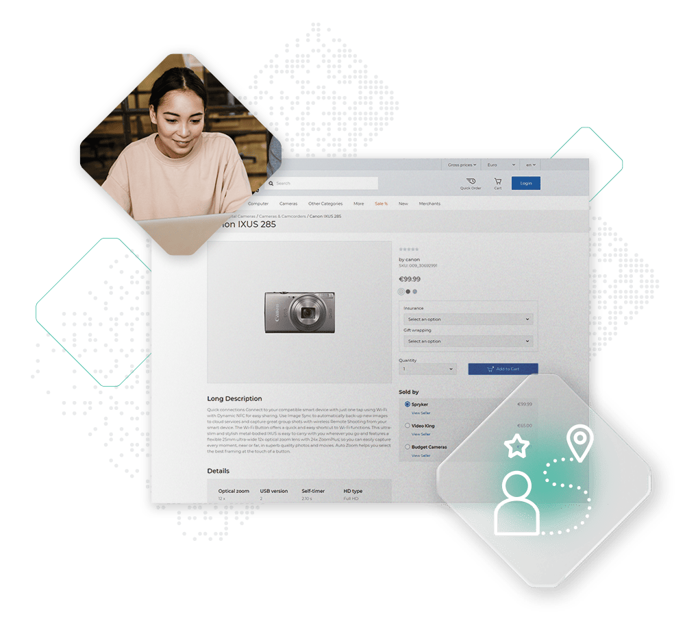 A person looks at a product page on a computer showing a camera, with details and purchase options. Icons of a map and a person with a star are overlaid on the image, highlighting the benefits of multi-brand selling in offering diverse choices for consumers.